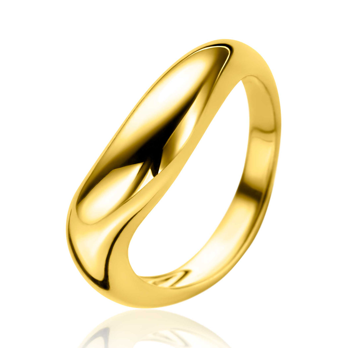 De Zinzi Ring Gold Plated ZIR2609G is een glanzende, gepolijste vergulde ring van Zinzi, met een glad, gebogen ontwerp en afgebeeld tegen een witte achtergrond.