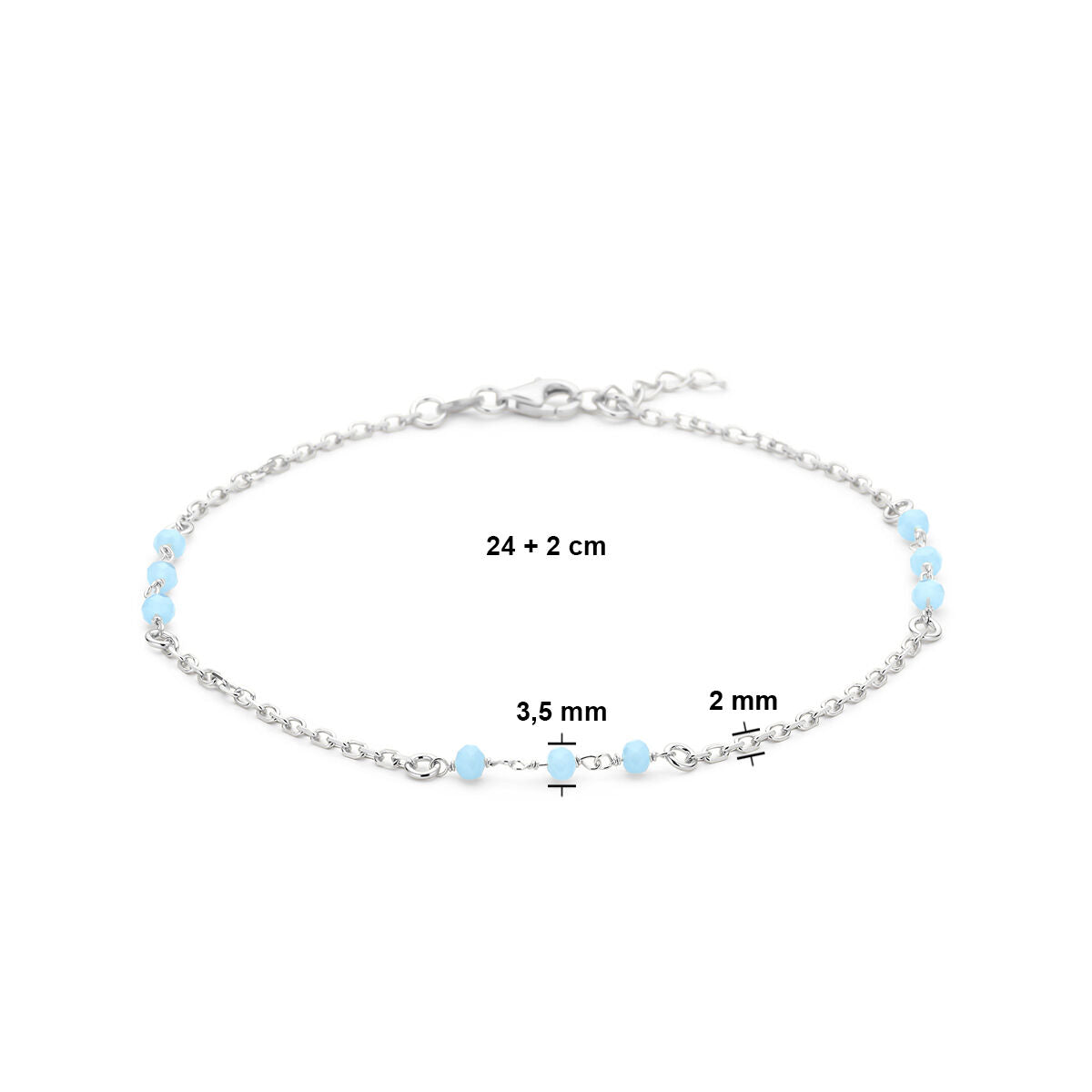 enkelbandje blauw kristal bolletjes 24 + 2 cm zilver gerhodineerd