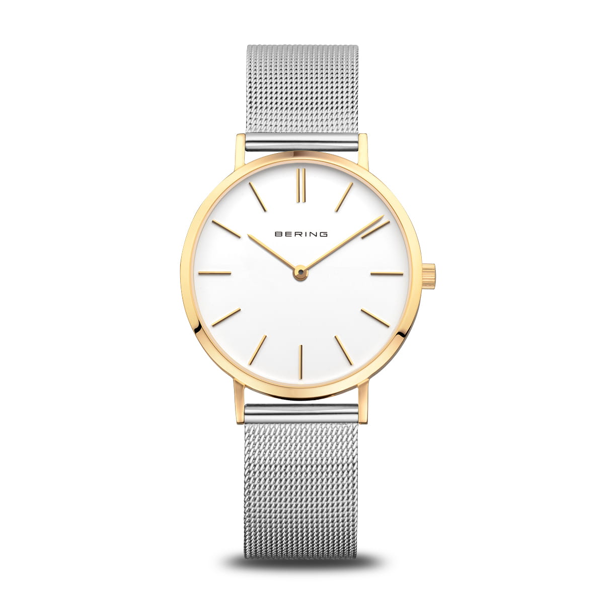 Gouden dames horloge met witte wijzerplaat en zilveren mesh-band.