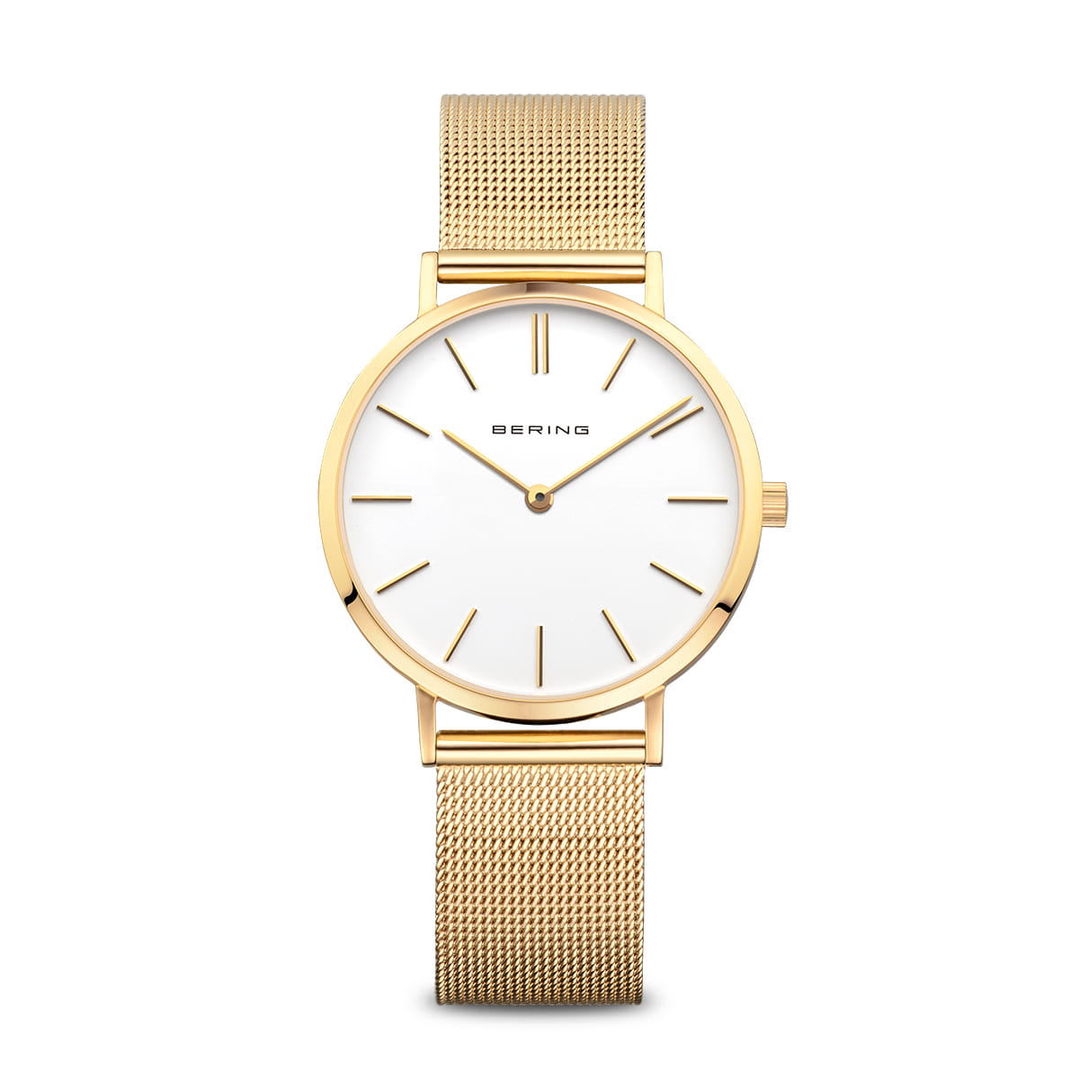 Gouden dameshorloge met witte wijzerplaat en een mesh-band.