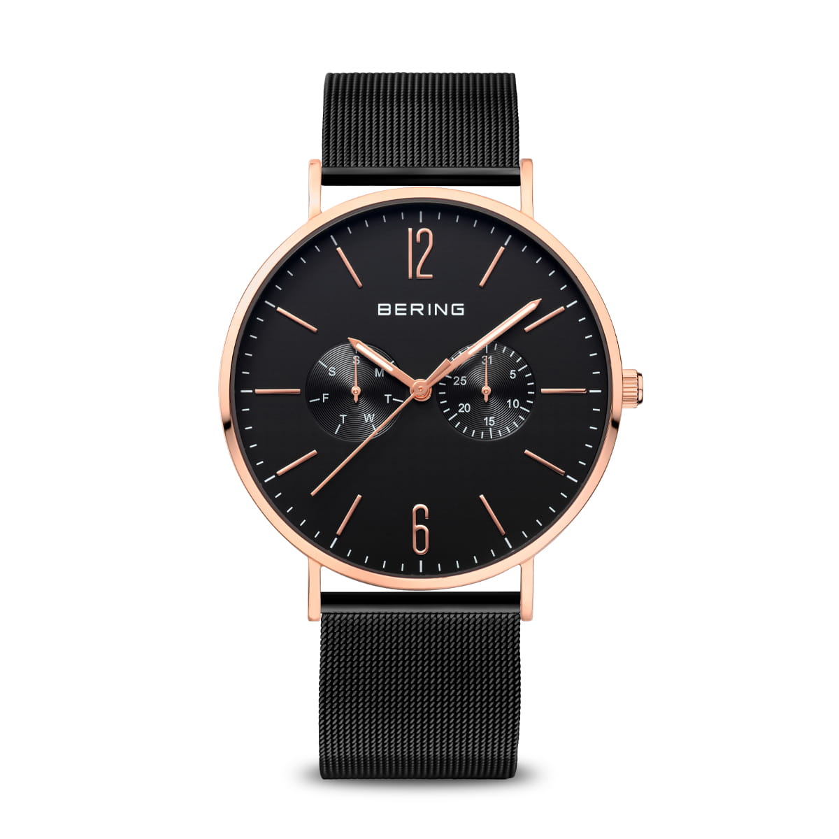 Heren horloge met zwarte wijzerplaat, roségouden details en zwarte mesh-band.