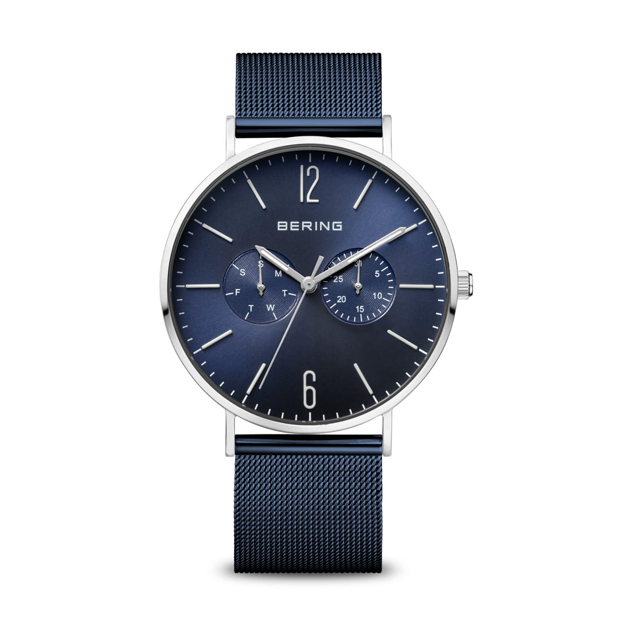 Heren horloge met blauwe wijzerplaat, zilveren kast en mesh-band.