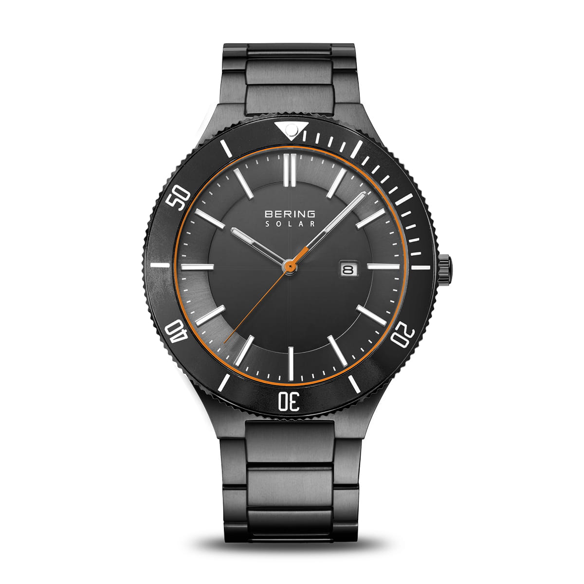 Herenhorloge met grijze wijzerplaat, zwarte metalen band en oranje accenten op de wijzers.