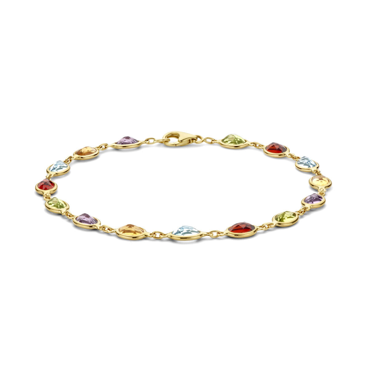 Gouden armband met natuurlijke kleurstenen in verschillende vormen en kleuren.