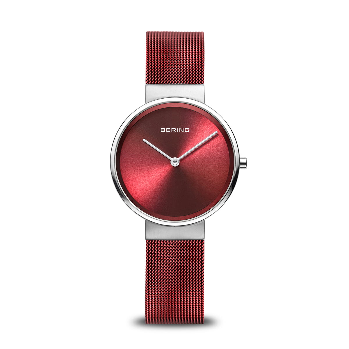 Dames horloge met rode wijzerplaat, zilveren kast en rode mesh-band.
