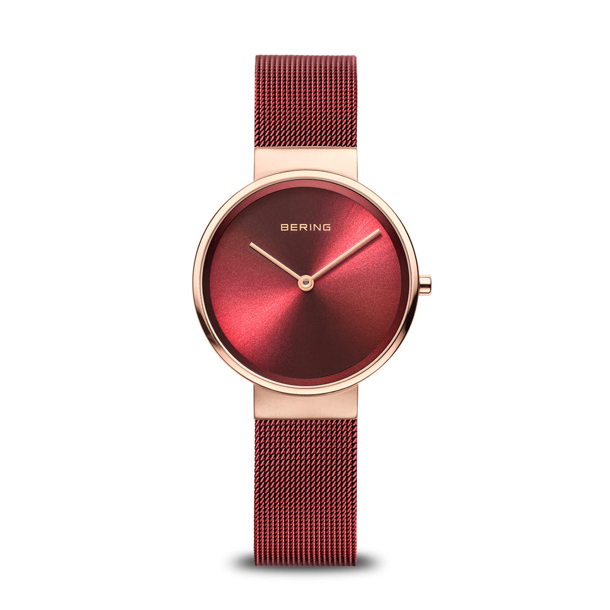 Dames horloge met een rode wijzerplaat, roségouden kast en mesh-band.