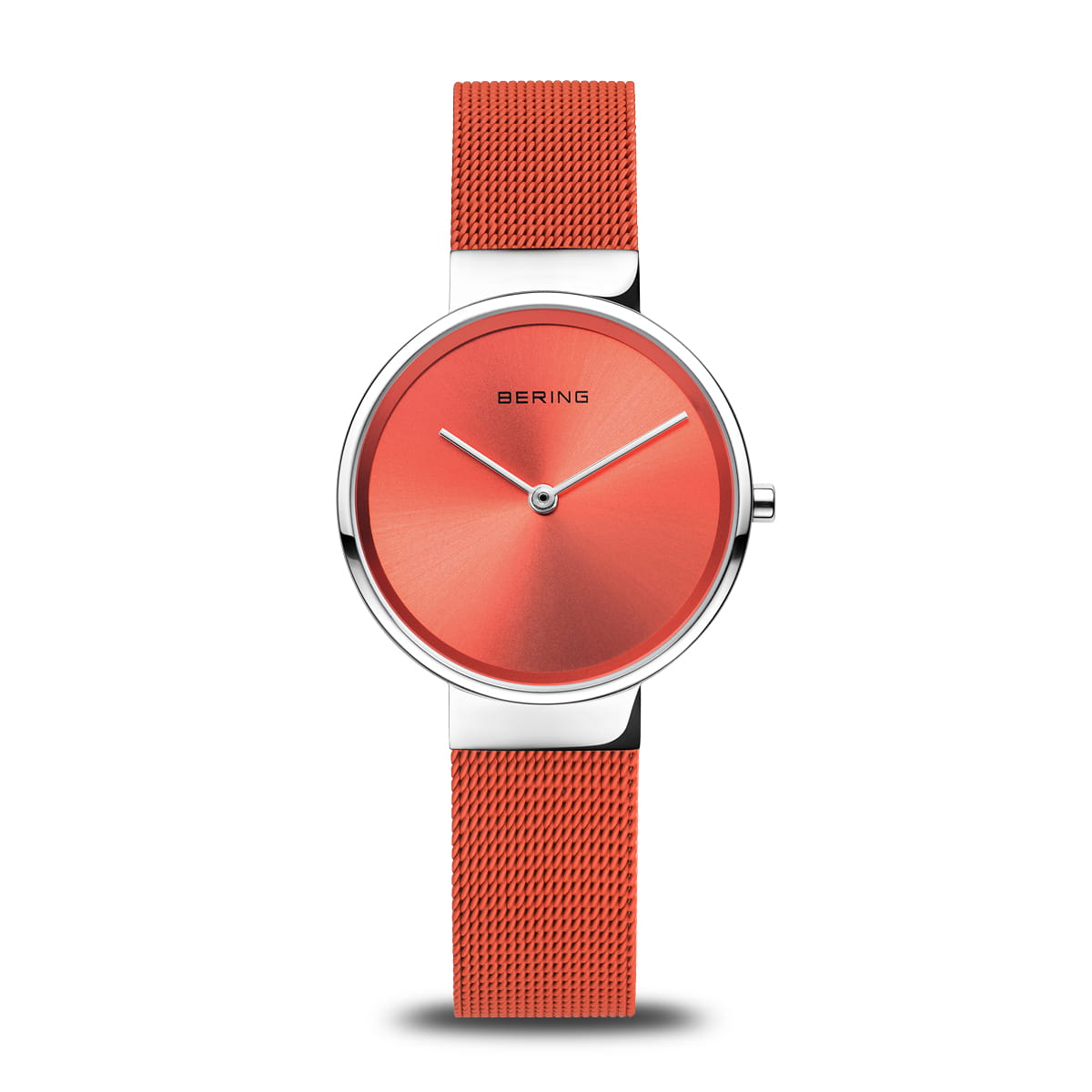 Roestkleurig horloge met een ronde wijzerplaat en een mesh-band.
