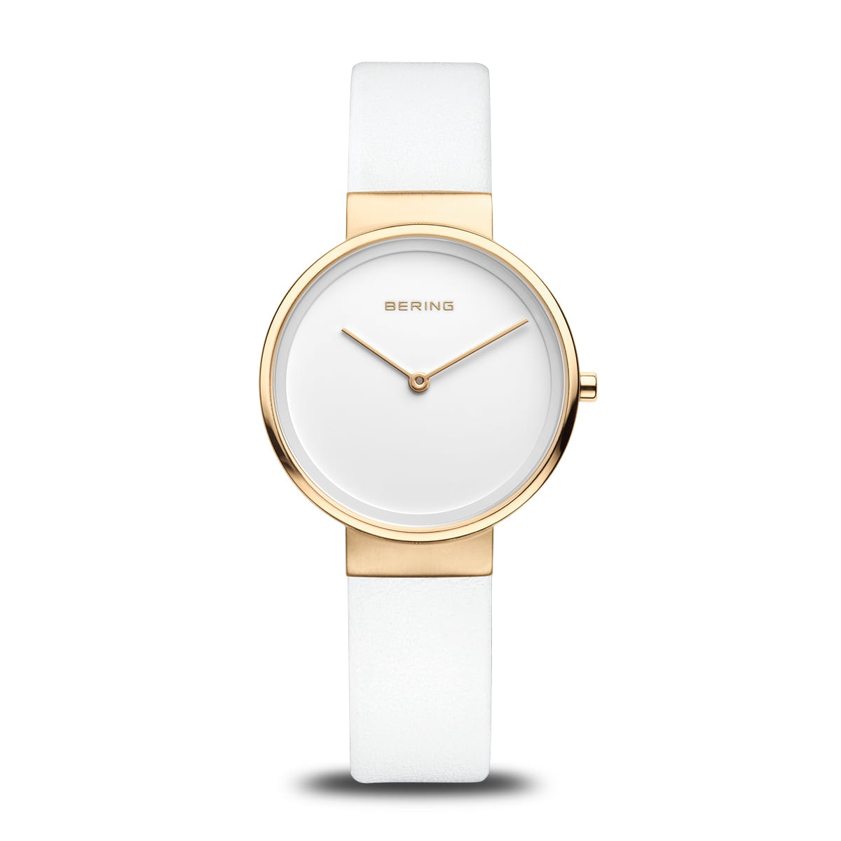 Wit horloge met een gouden kast en een witte wijzerplaat, afgewerkt met een witte leren band.