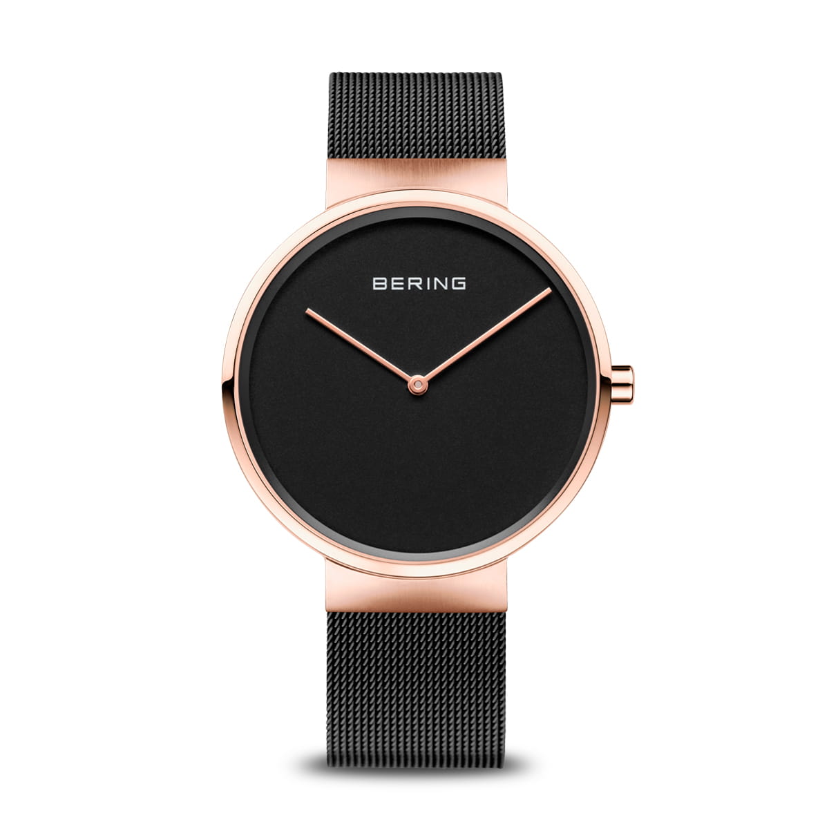 De Bering 14539-166 is een unisex horloge met een minimalistische zwarte wijzerplaat, roségouden roestvrijstalen kast, eenvoudige wijzers en een mesh zwarte band. De merknaam Bering staat bovenaan in het midden en het loopt op betrouwbaar quartz-uurwerk.
