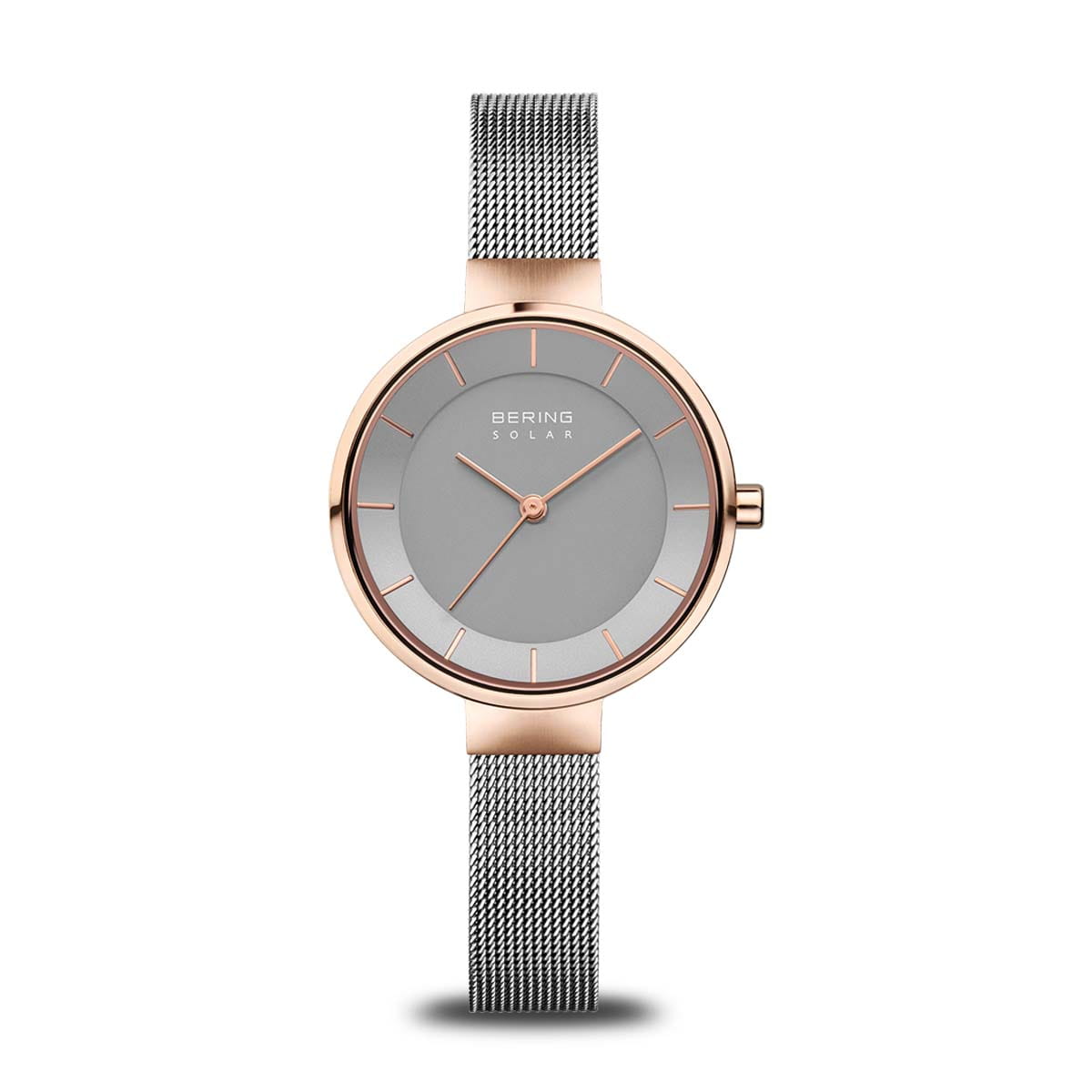 Dames horloge met grijze wijzerplaat, roségouden kast en mesh-band.