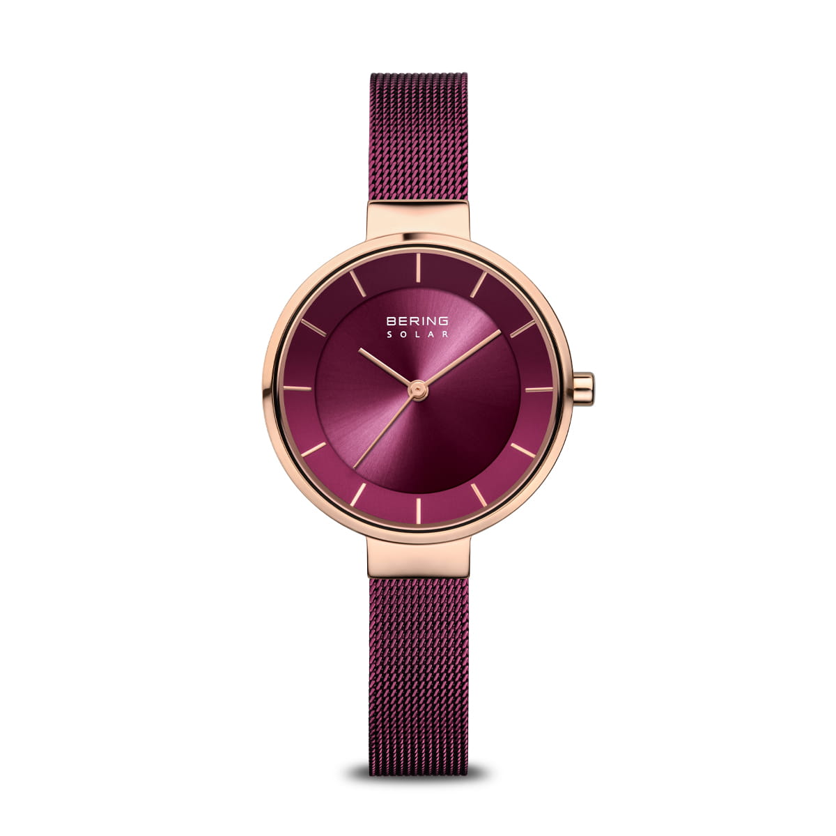 Roze gouden horloge met een paarse wijzerplaat en een mesh-band.
