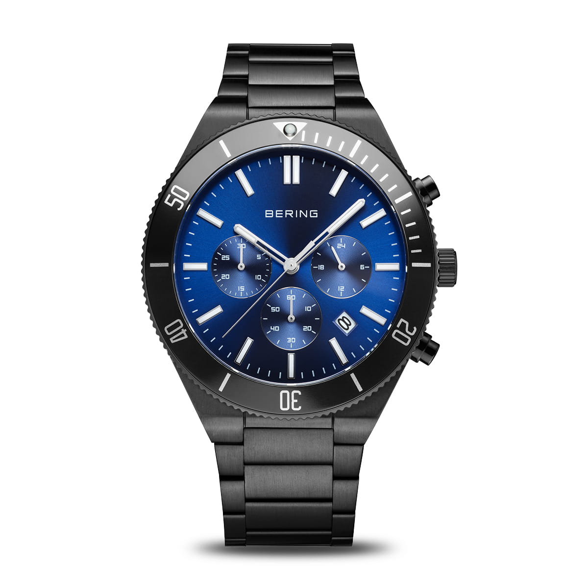 Heren horloge met zwarte stalen band, blauwe wijzerplaat en chronograaffunctie.