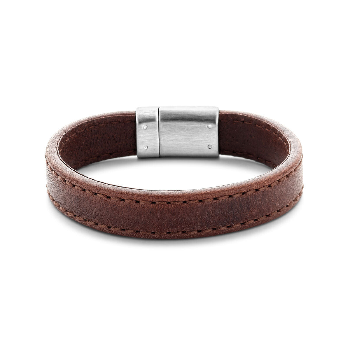 Donkerbruine leren armband van 12,5 mm met een edelstalen sluiting.