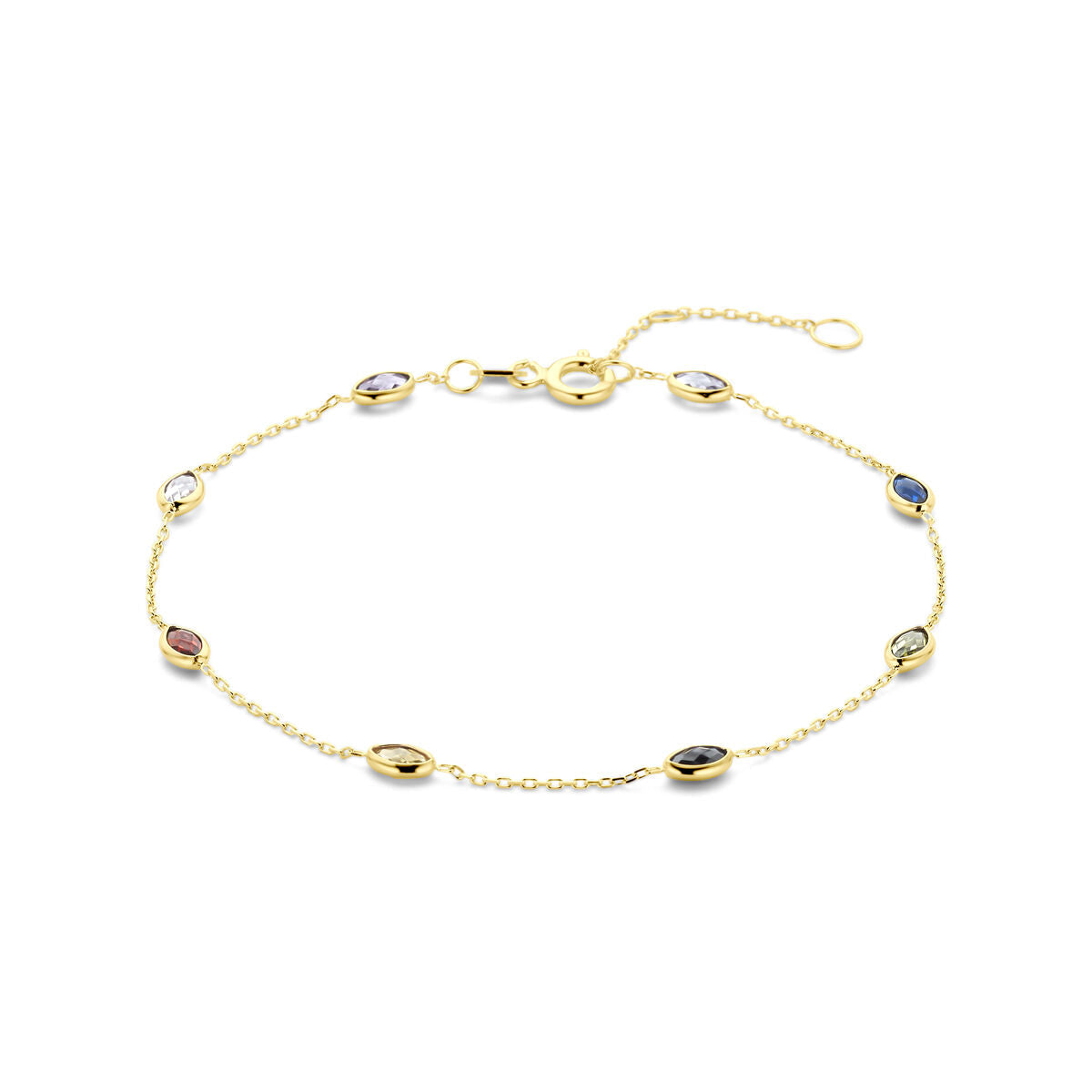 De Van der Kooij Collectie 14k Geelgouden Armband met Gekleurde Zirkonia is een elegante, kleurvolle accessoire met een anker schakel design, ovale zirkonia in goud en een verstelbare sluiting.