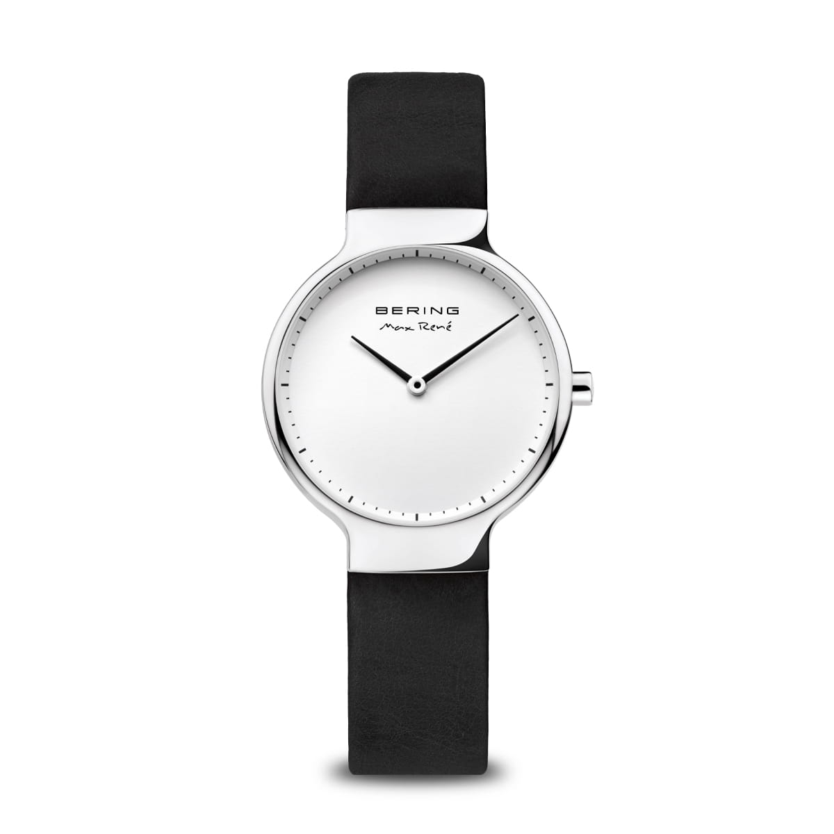 Zilveren dames horloge met witte wijzerplaat en zwarte leren band.