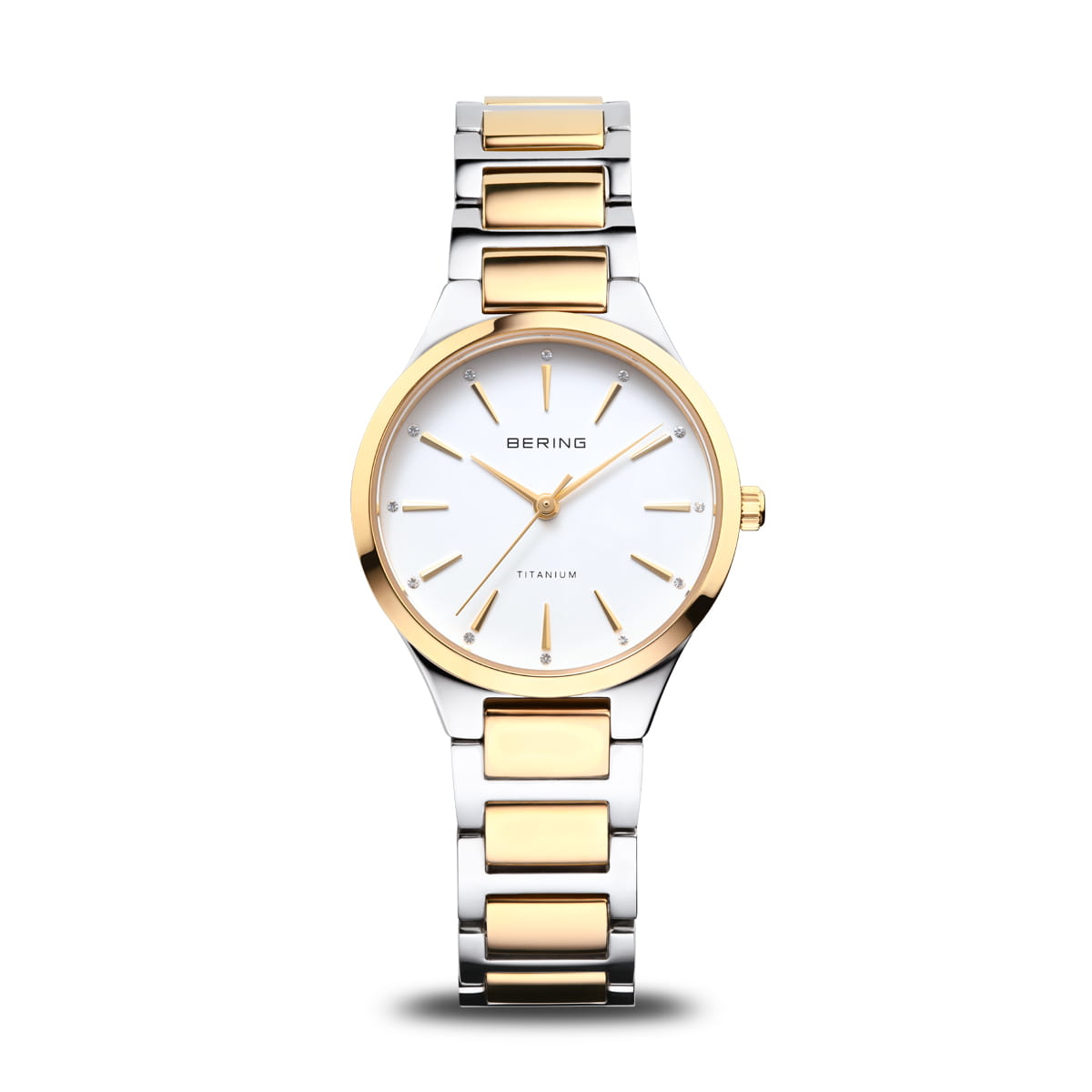 Dames horloge met witte wijzerplaat, zilveren en gouden schakelband, minimalistisch ontwerp met gouden indexen.