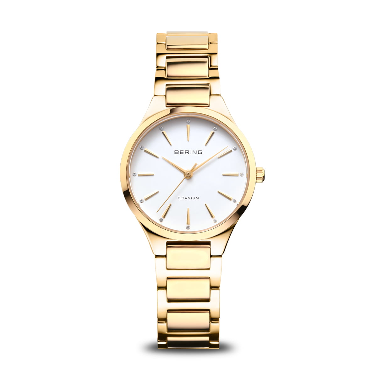 Gouden dames horloge met witte wijzerplaat en een schakelarmband.