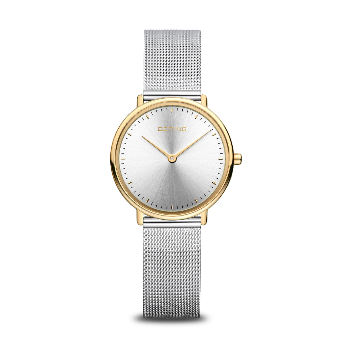 De Bering 15729-010 is een strak dameshorloge met een minimalistisch design, met een gouden lunette en zilveren wijzerplaat. Het heeft een roestvrijstalen kast en mesh metalen band, eenvoudige uur- en minutenwijzers zonder cijfers, en de merknaam elegant gecentreerd. Powered by Quartz-technologie.