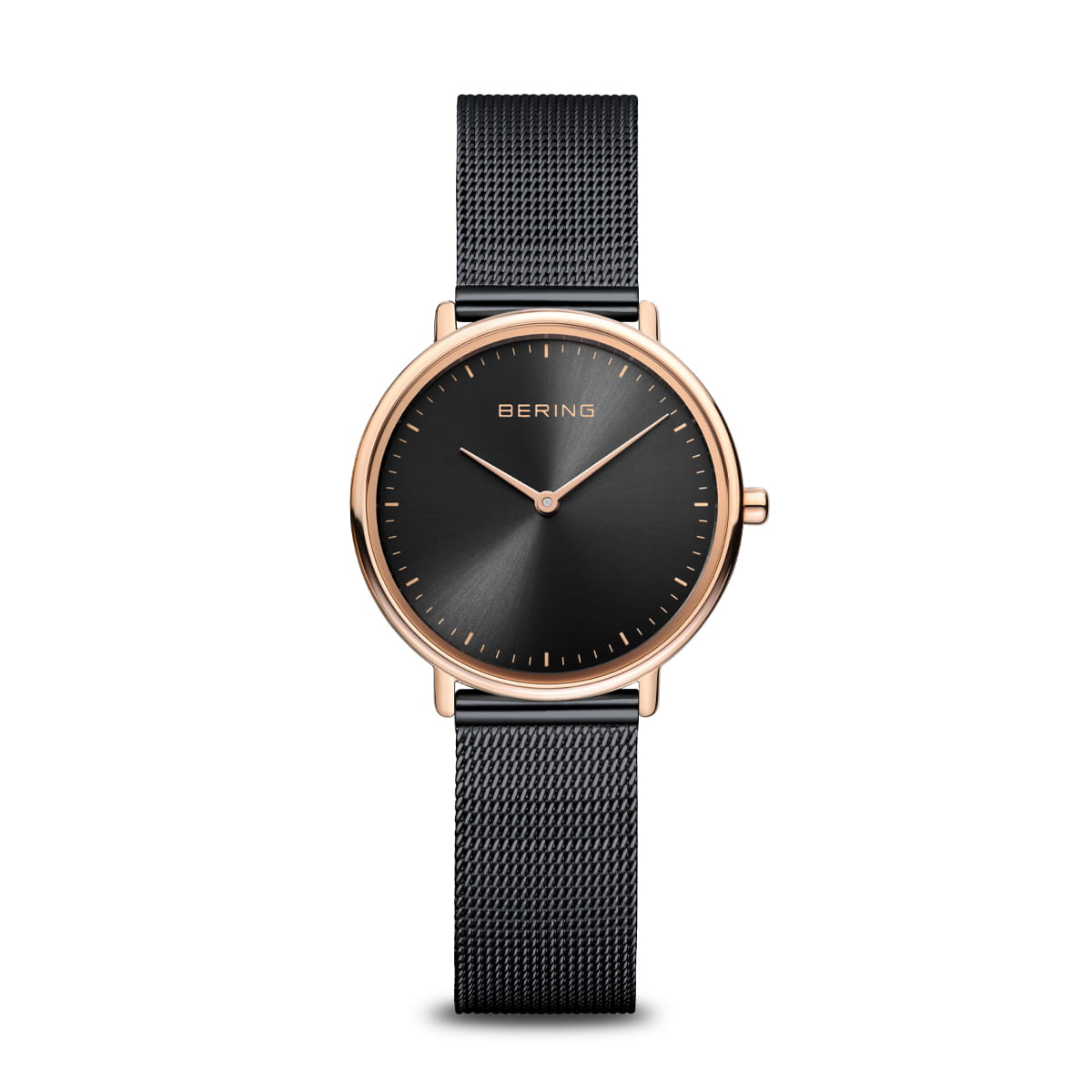 Dames horloge met zwarte wijzerplaat, roségouden kast en mesh-band.