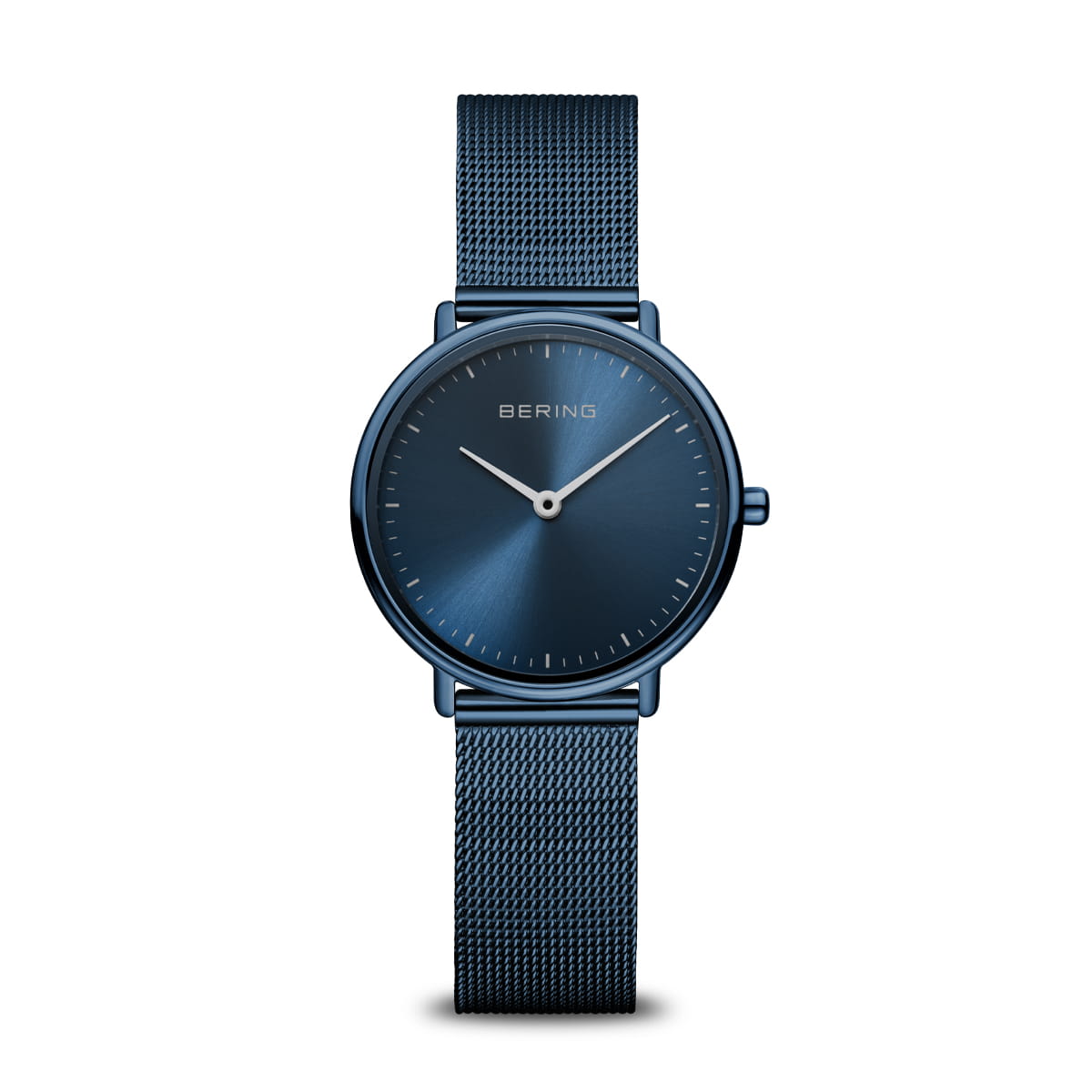 Blauw horloge met een minimalistische wijzerplaat en een mesh-band.