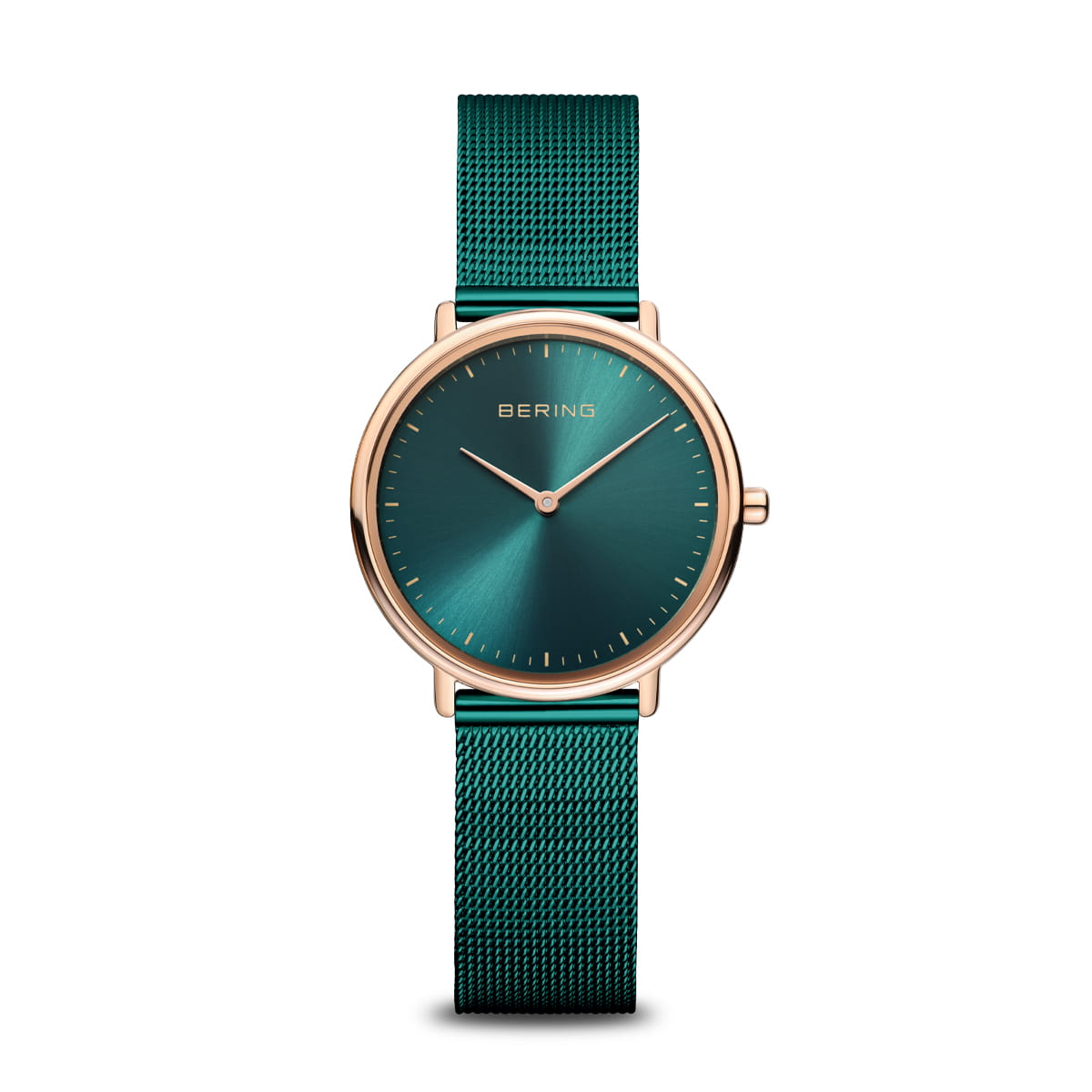 Roségouden horloge met een groene wijzerplaat en een mesh-band in dezelfde kleur.