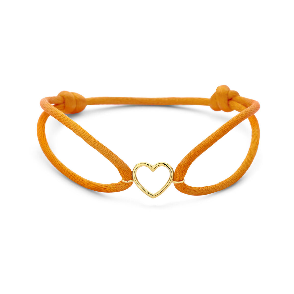 Oranje satijnen armband met een 14k geelgouden hartje in het midden.