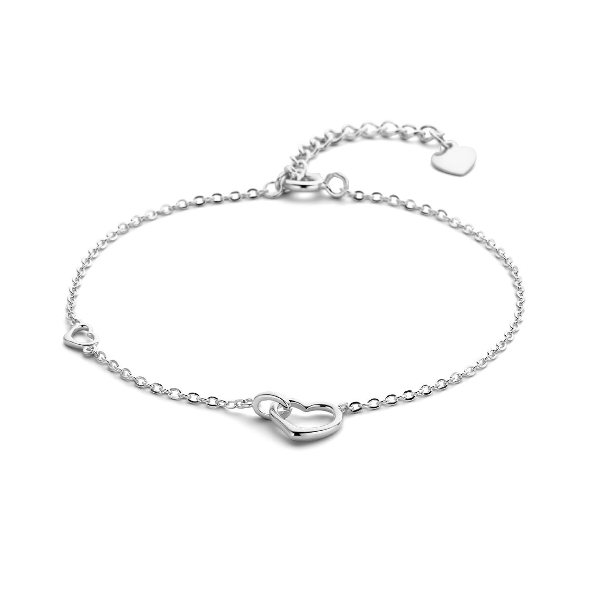 Zilveren gerhodineerde armband met hartjes, verstelbaar van 16 tot 19 cm.