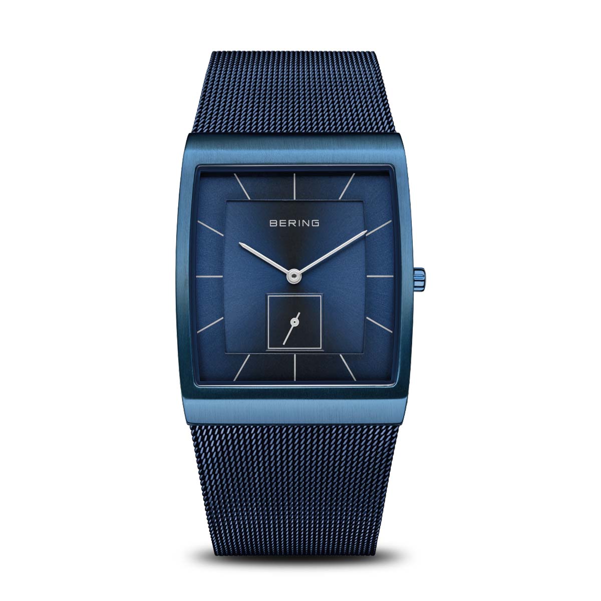 Heren horloge met vierkante kast, blauwe wijzerplaat en mesh-band in blauw.