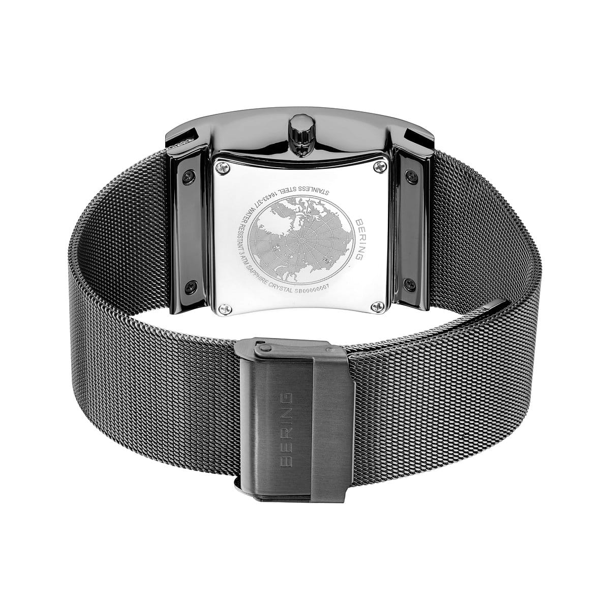 De Bering 16433-377 heeft een zilveren meshband, een achterkant met een gegraveerde wereldkaart en een gegraveerde sluiting met de tekst Bering Heren Solar Horloge. Dit zonne-energiehorloge heeft een strak, modern design met een rechthoekige kast.