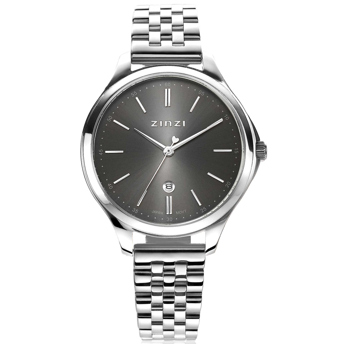 Zilverkleurig horloge van staal met een grijze wijzerplaat en een schakelband.