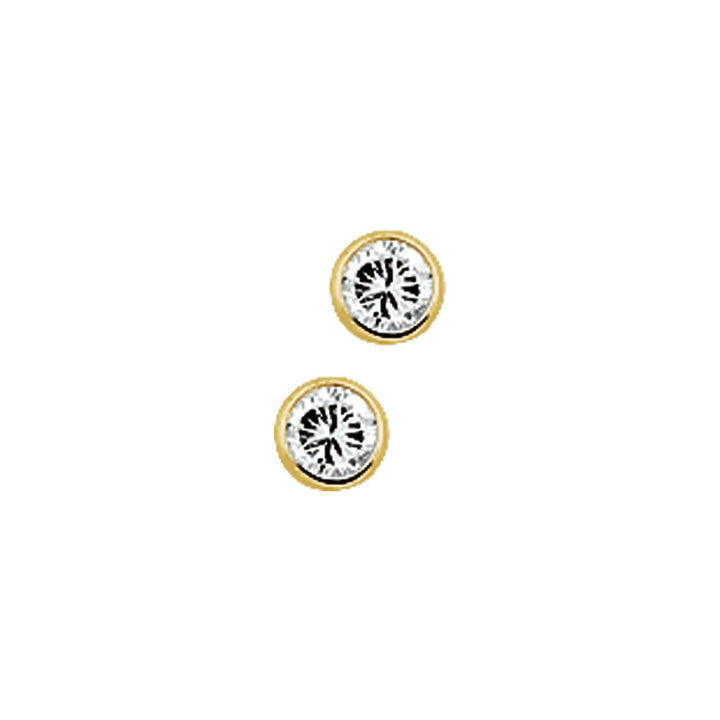 De oorknoppen zirkonia 14K geelgoud van Van der Kooij Collectie zijn ronde oorknopjes met fonkelende zirkonia gezet in 14K geelgoud, weergegeven tegen een witte achtergrond.