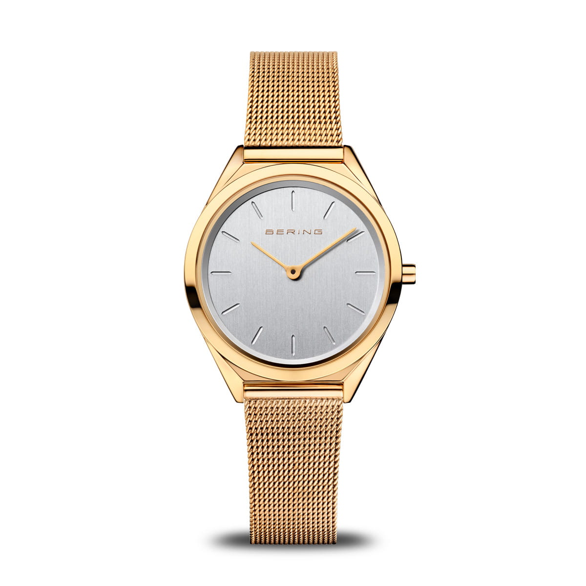 Gouden horloge met zilveren wijzerplaat en mesh-band, minimalistisch ontwerp met subtiele indexmarkeringen.