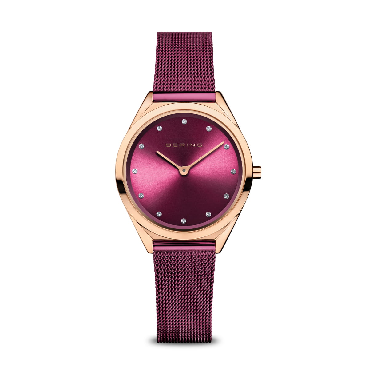 Roze gouden horloge met paarse wijzerplaat en mesh-band, versierd met steentjes als uurmarkeringen.