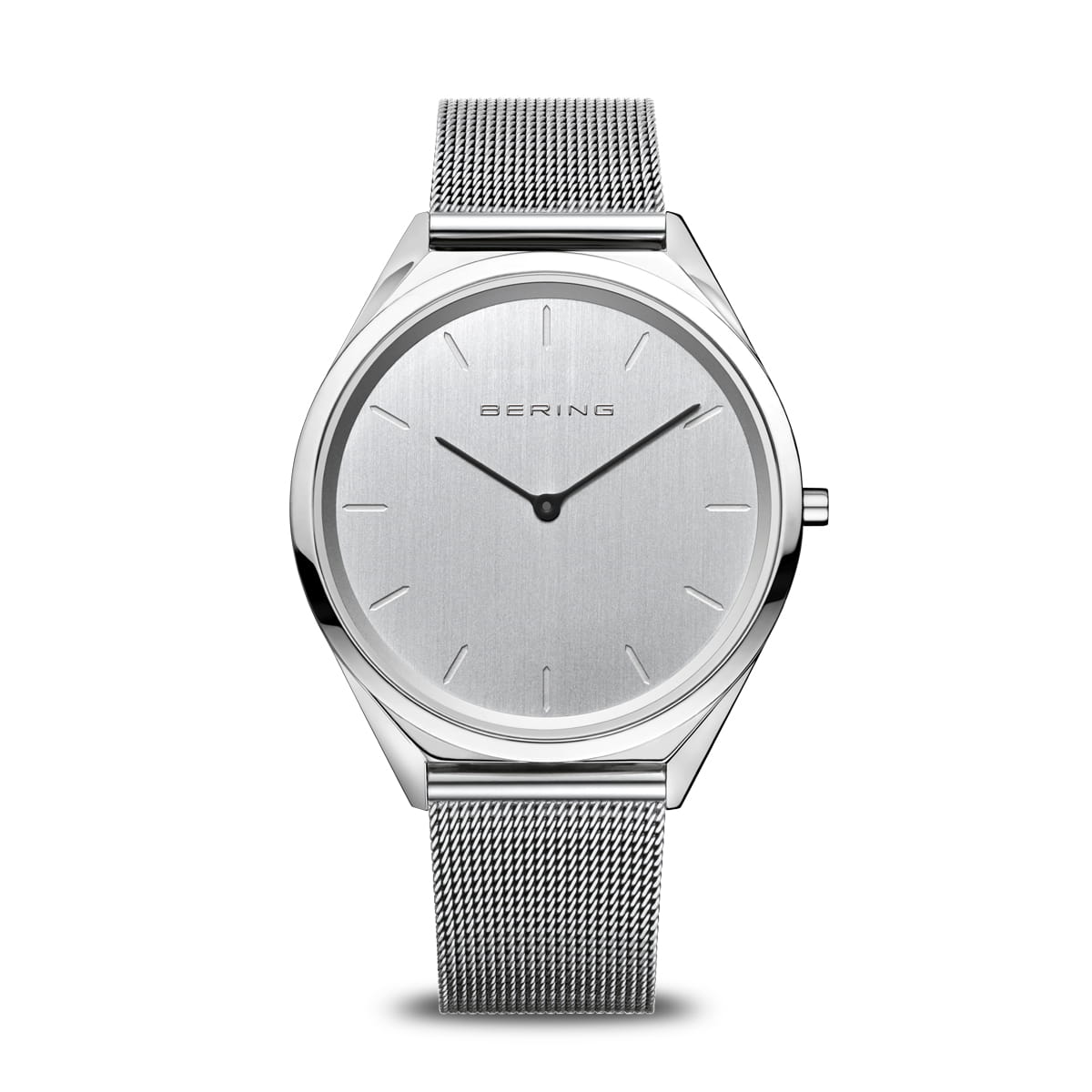 Zilveren unisex horloge met een strakke wijzerplaat en een mesh-band.
