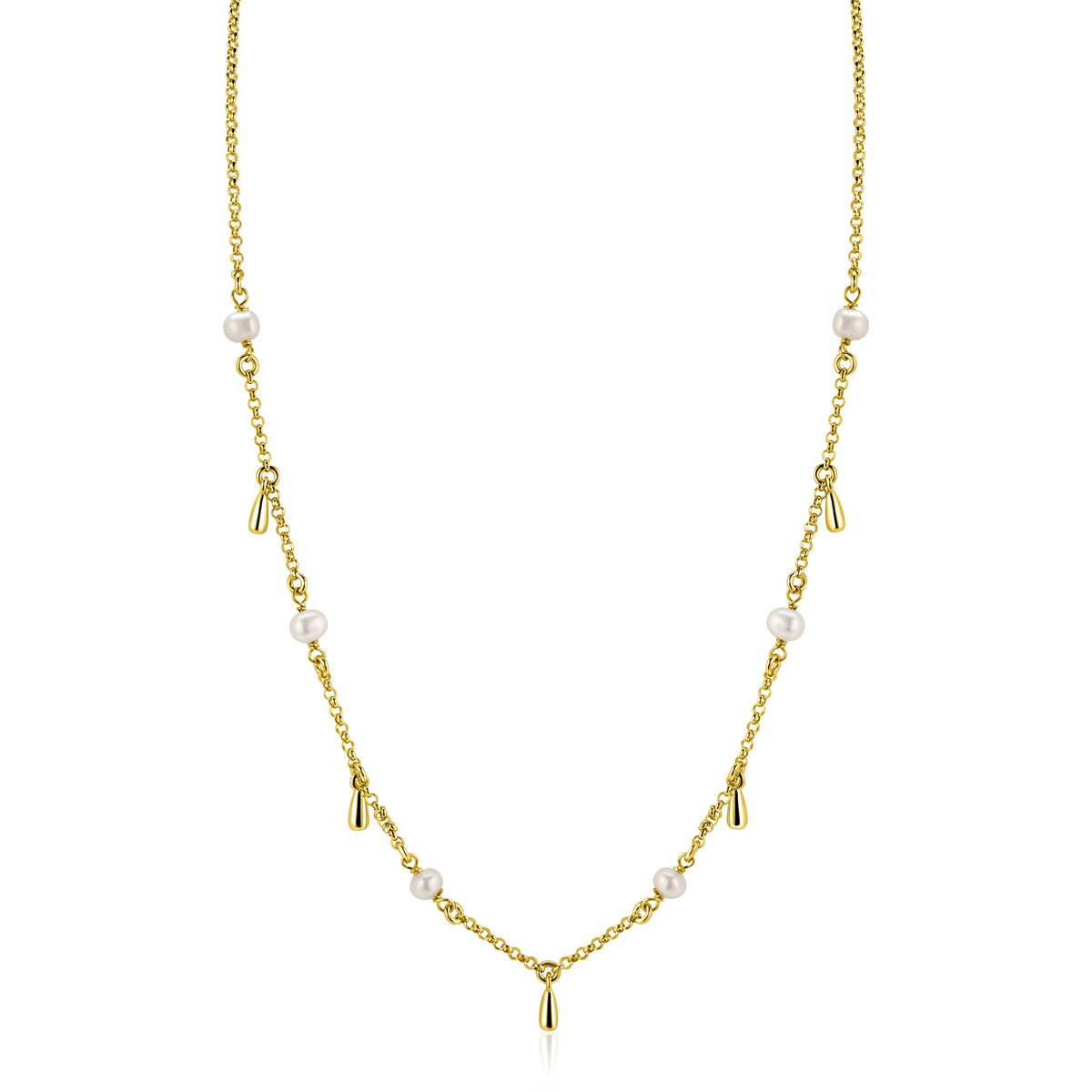De Zinzi ketting ZIC2753 is een goudkleurige zilveren ketting van het merk Zinzi met gelijkmatig verdeelde zoetwaterpareltjes en goudkleurige druppelbedels, prachtig gepresenteerd op een witte achtergrond.