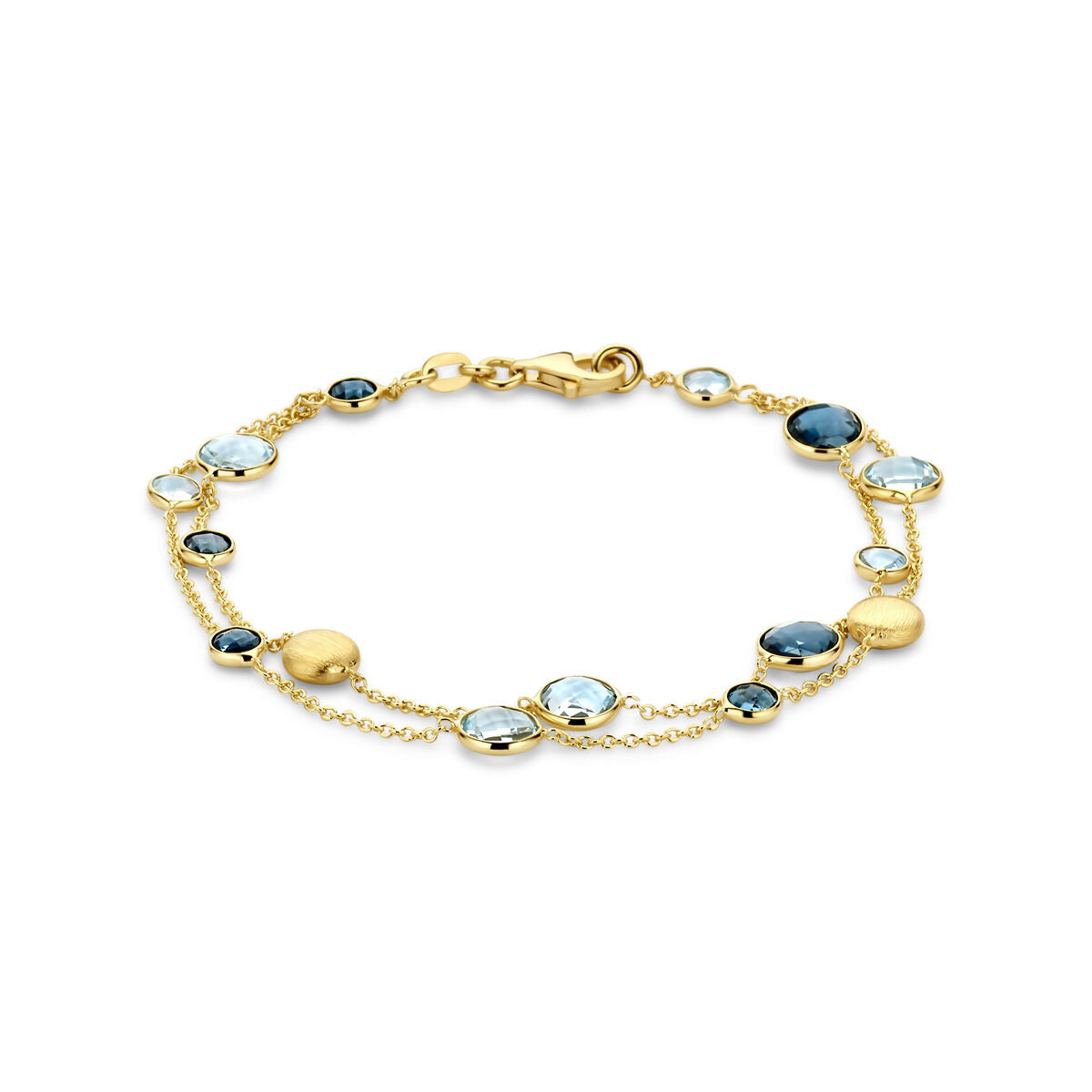 Armband van 14K geelgoud met ronde sky blue en london blue topaas, lengte 19 cm.