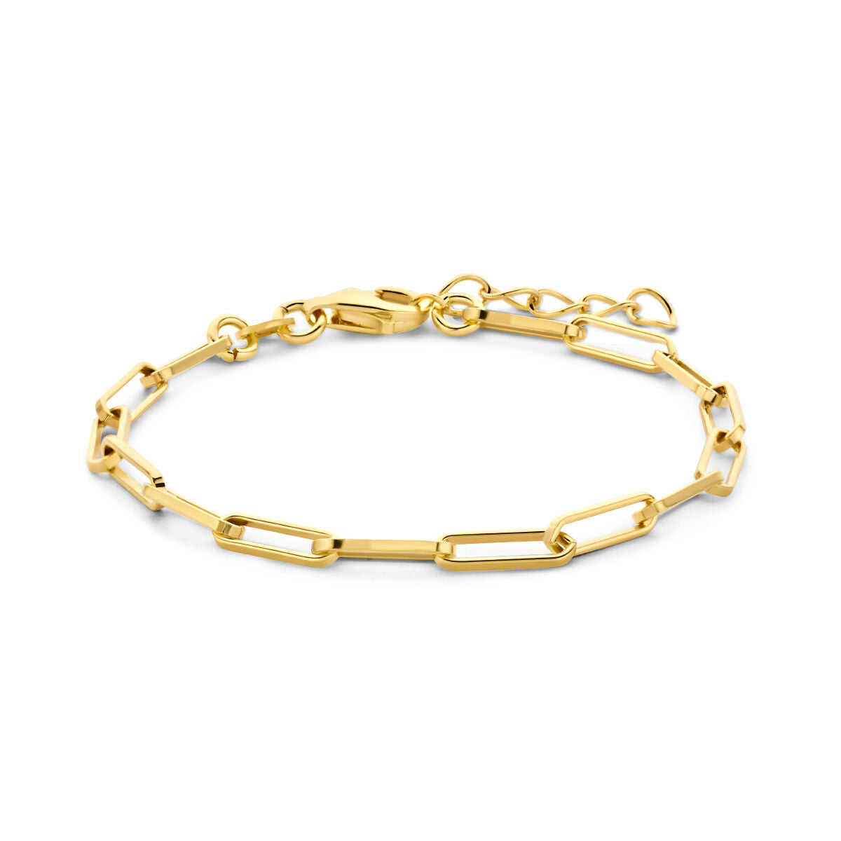Armband van vierkante buisjes in paperclip-stijl, verguld in geel, met een lengte van 15,5 cm plus 2,5 cm verlengketting.