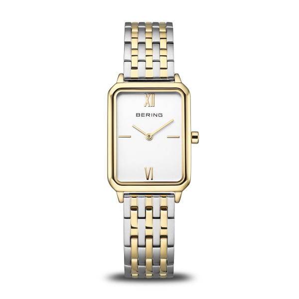 Dames horloge met witte wijzerplaat, vierkante kast, en een combinatie van zilveren en gouden schakelband.