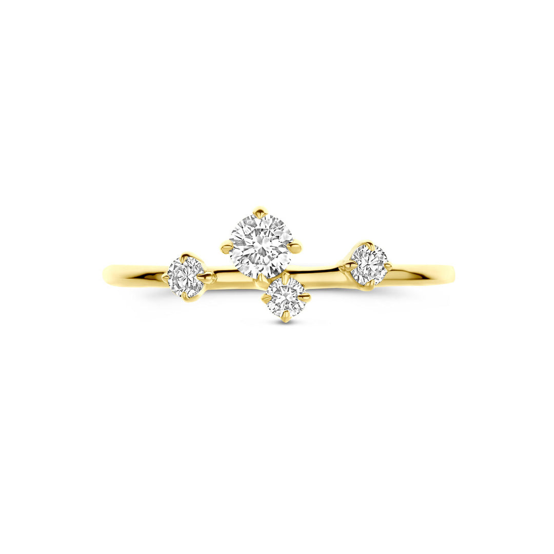 Deze delicate Van der Kooij Collectie ring lab grown diamant 0.33ct H SI in 14K geelgoud heeft vier lab grown diamanten in verschillende groottes, asymmetrisch gerangschikt langs de dunne damesring band.