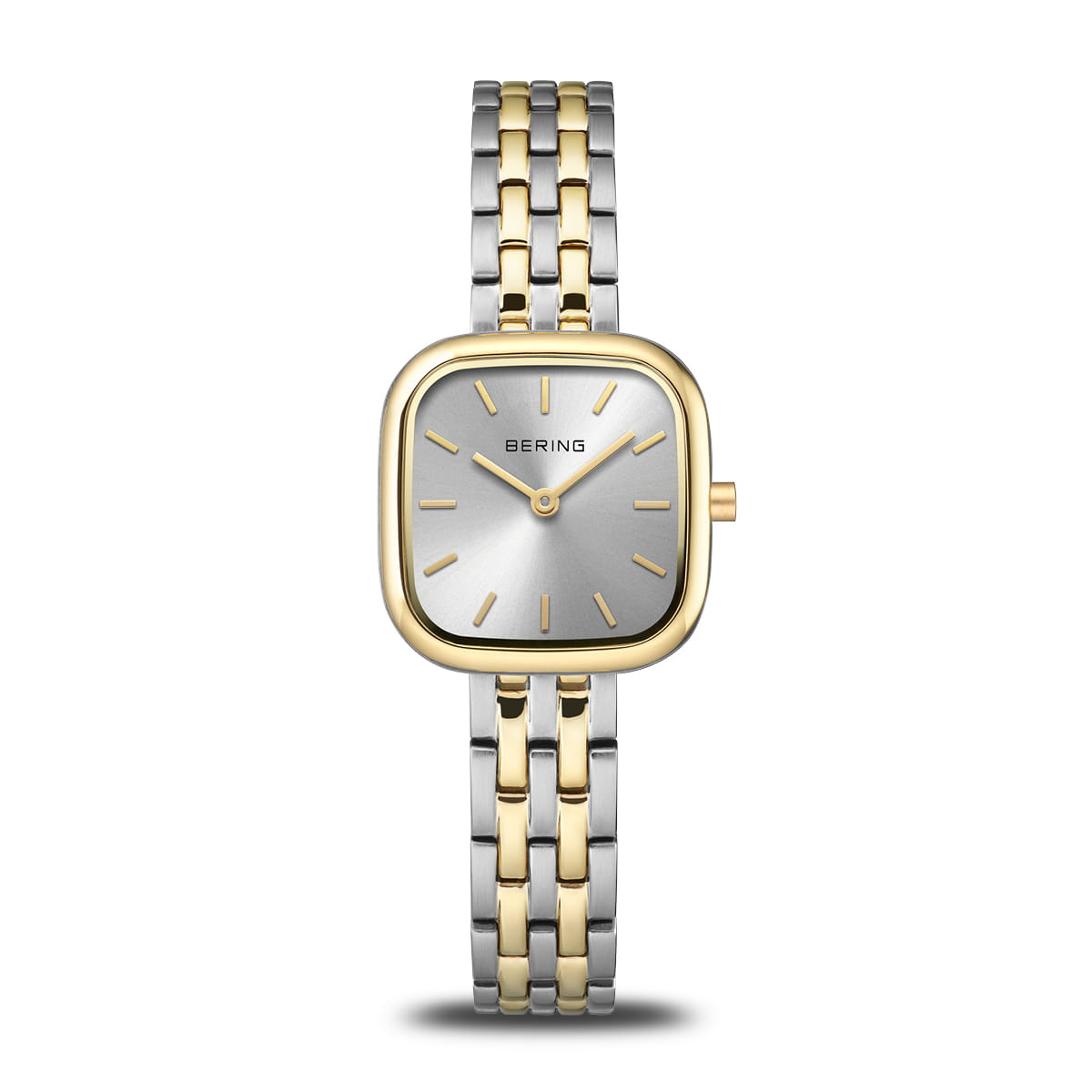 Bicolor dames horloge met een grijze vierkante wijzerplaat en een zilveren-gouden band.