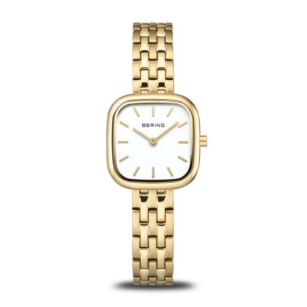 Gouden dames horloge met vierkante kast en witte wijzerplaat, voorzien van een schakelband.