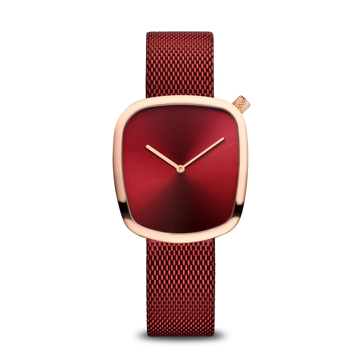 Dames horloge met een rode wijzerplaat, roségouden kast en een rode mesh-band.