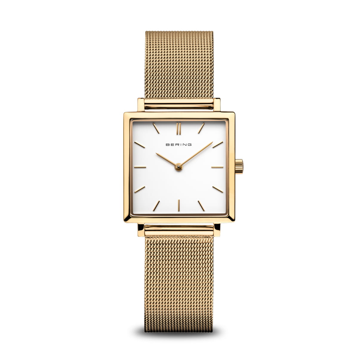 Gouden dames horloge met vierkante kast, witte wijzerplaat en mesh-band.