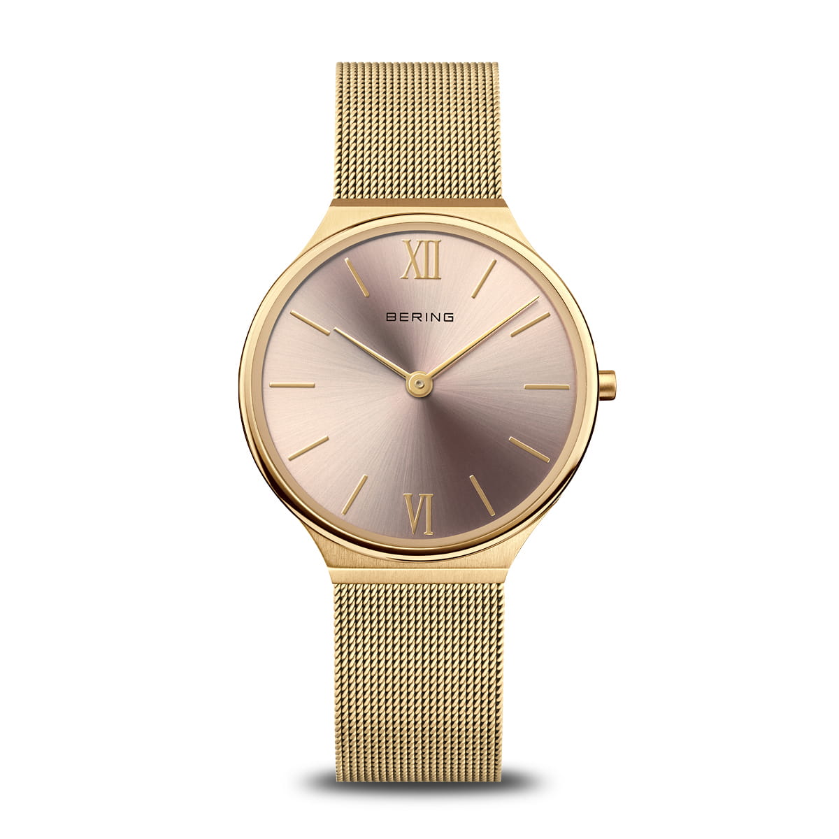 Roségouden dames horloge met een wijzerplaat in roségoud en een mesh-band.