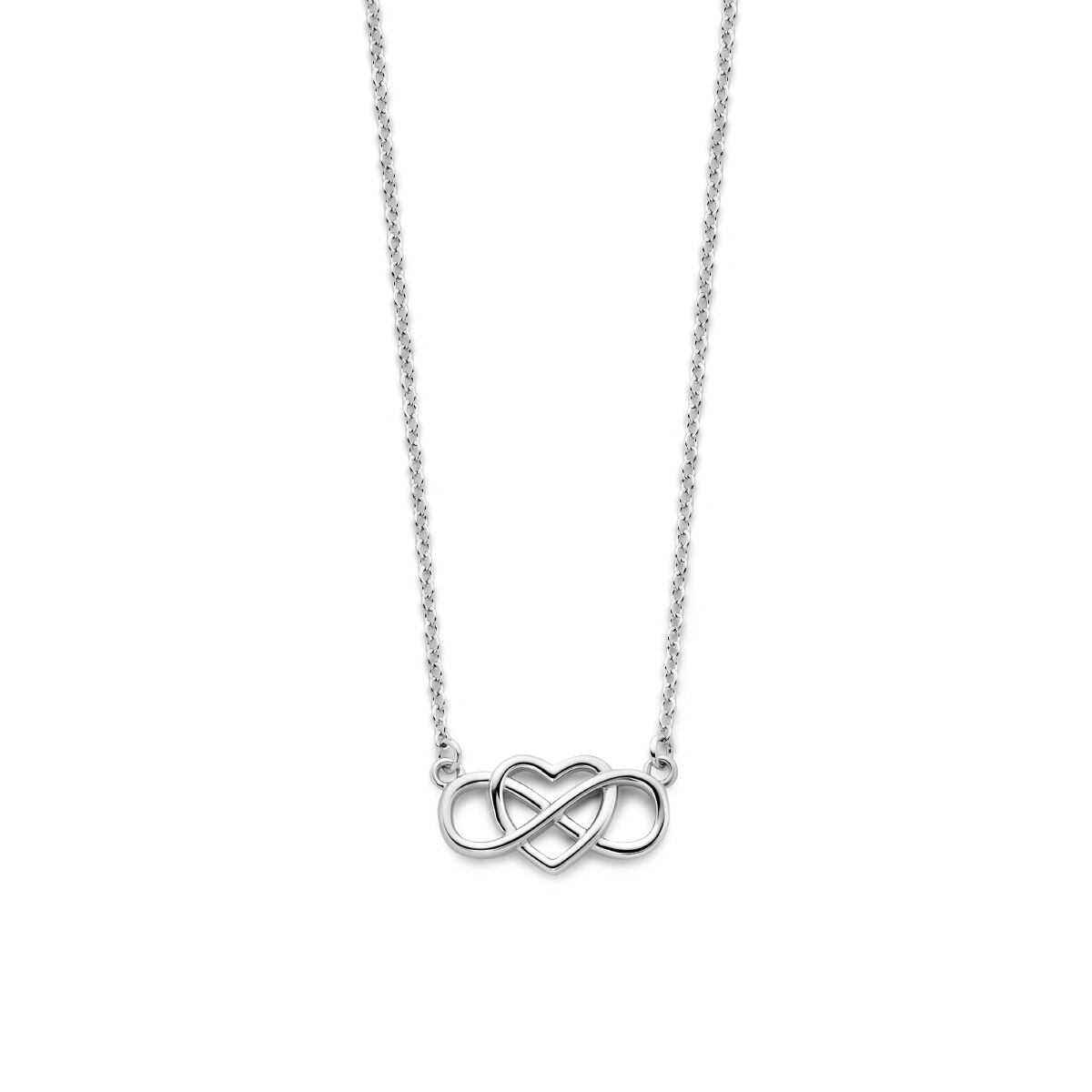 Zilveren gerhodineerd collier met een hart- en infinity-symbool, lengte 42 + 3 cm.