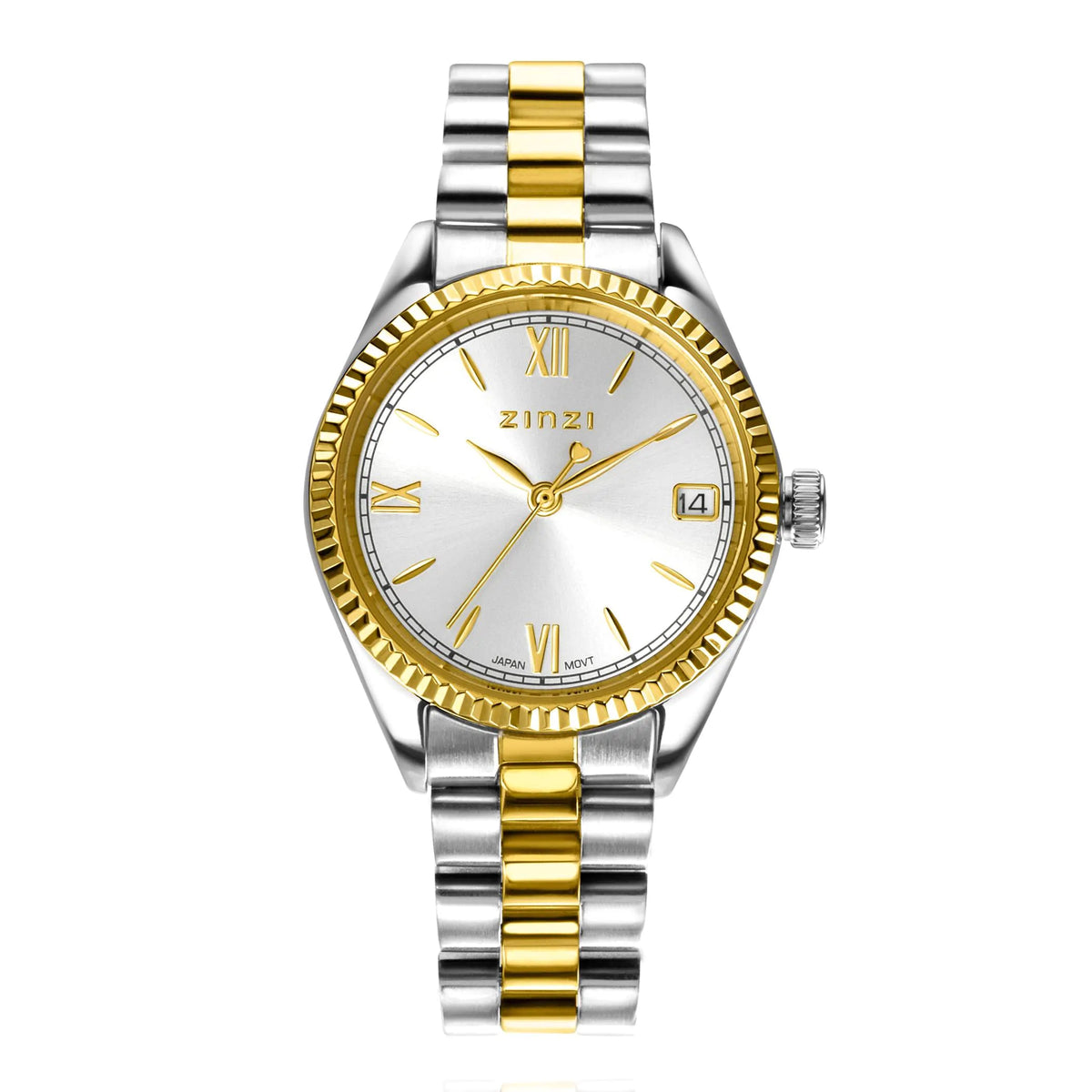 Goudkleurig horloge van staal met een zilveren wijzerplaat en gouden details, inclusief een datumaanduiding.