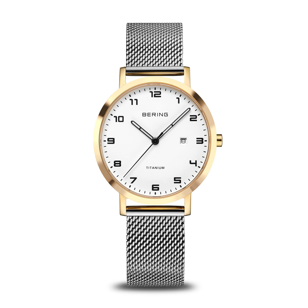 Dames horloge met witte wijzerplaat, gouden bezel en zilveren mesh-band.