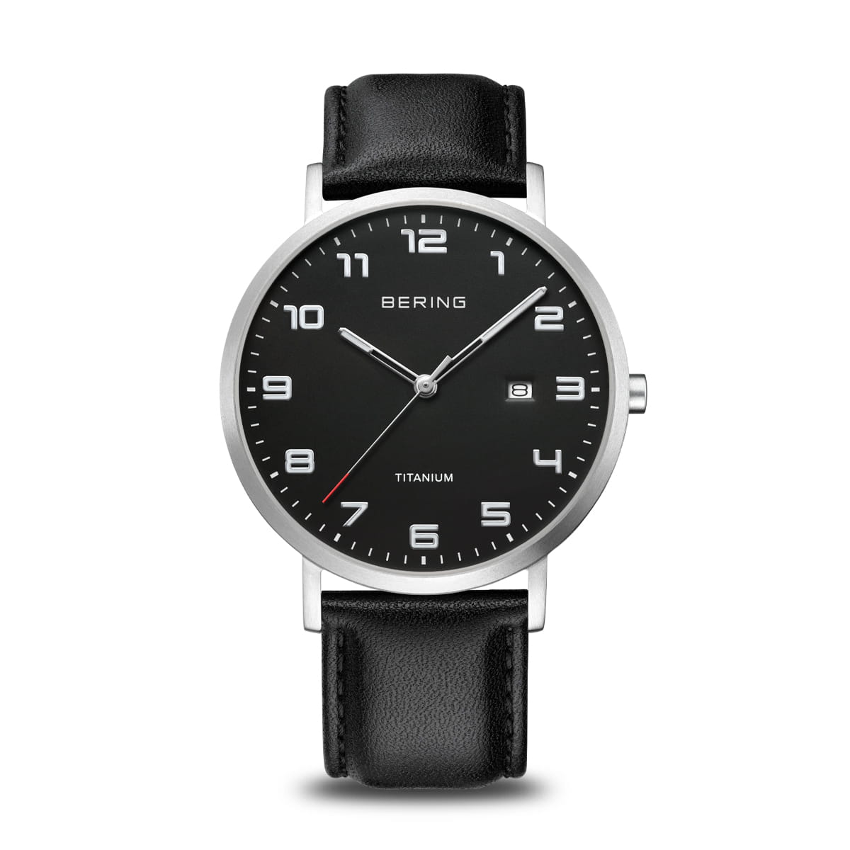 Heren horloge met zwarte wijzerplaat, titanium kast en zwarte leren band.