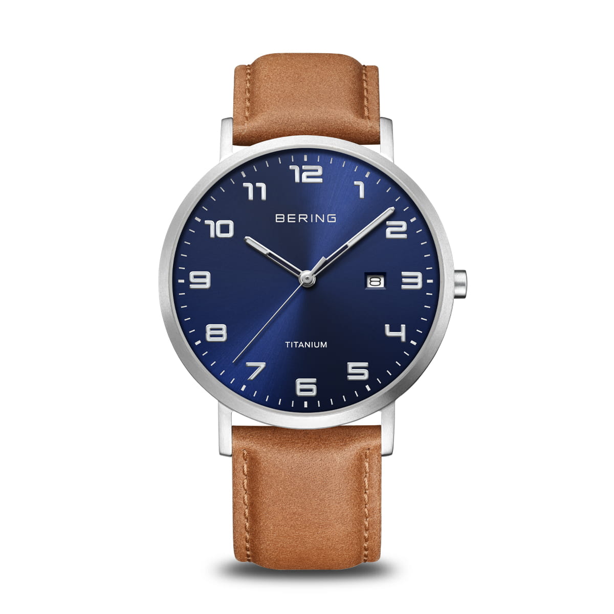 Heren horloge met blauwe wijzerplaat, titanium kast en bruine leren band.
