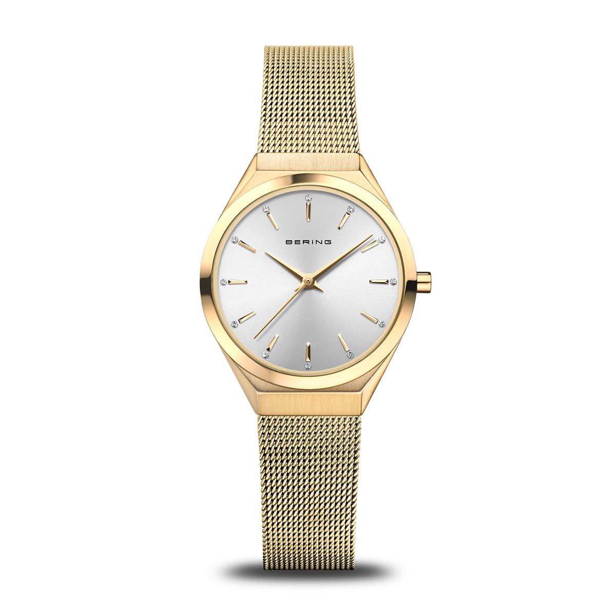 Gouden dameshorloge met een witte wijzerplaat en een mesh-band.